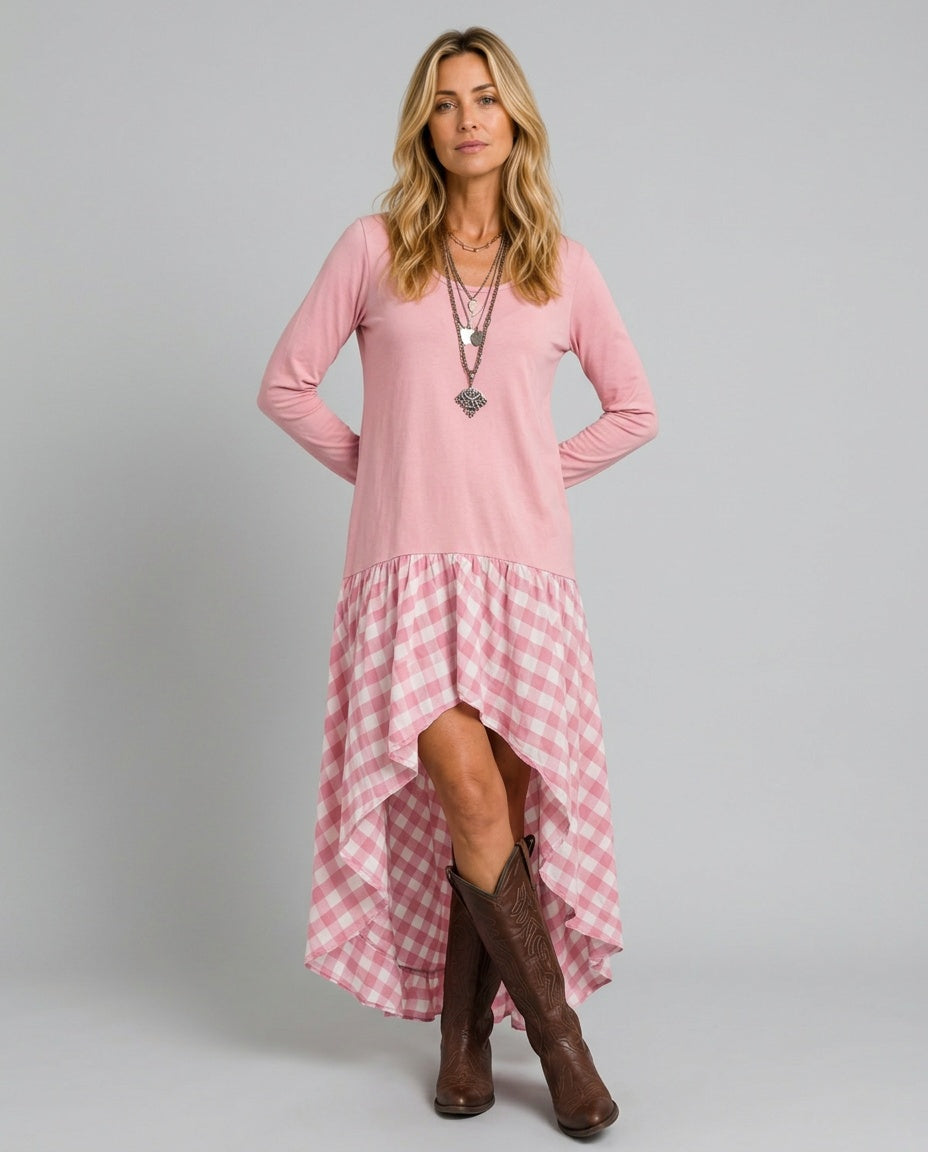 Reva | Gathered Gingham Asymmetric Maxi Dress