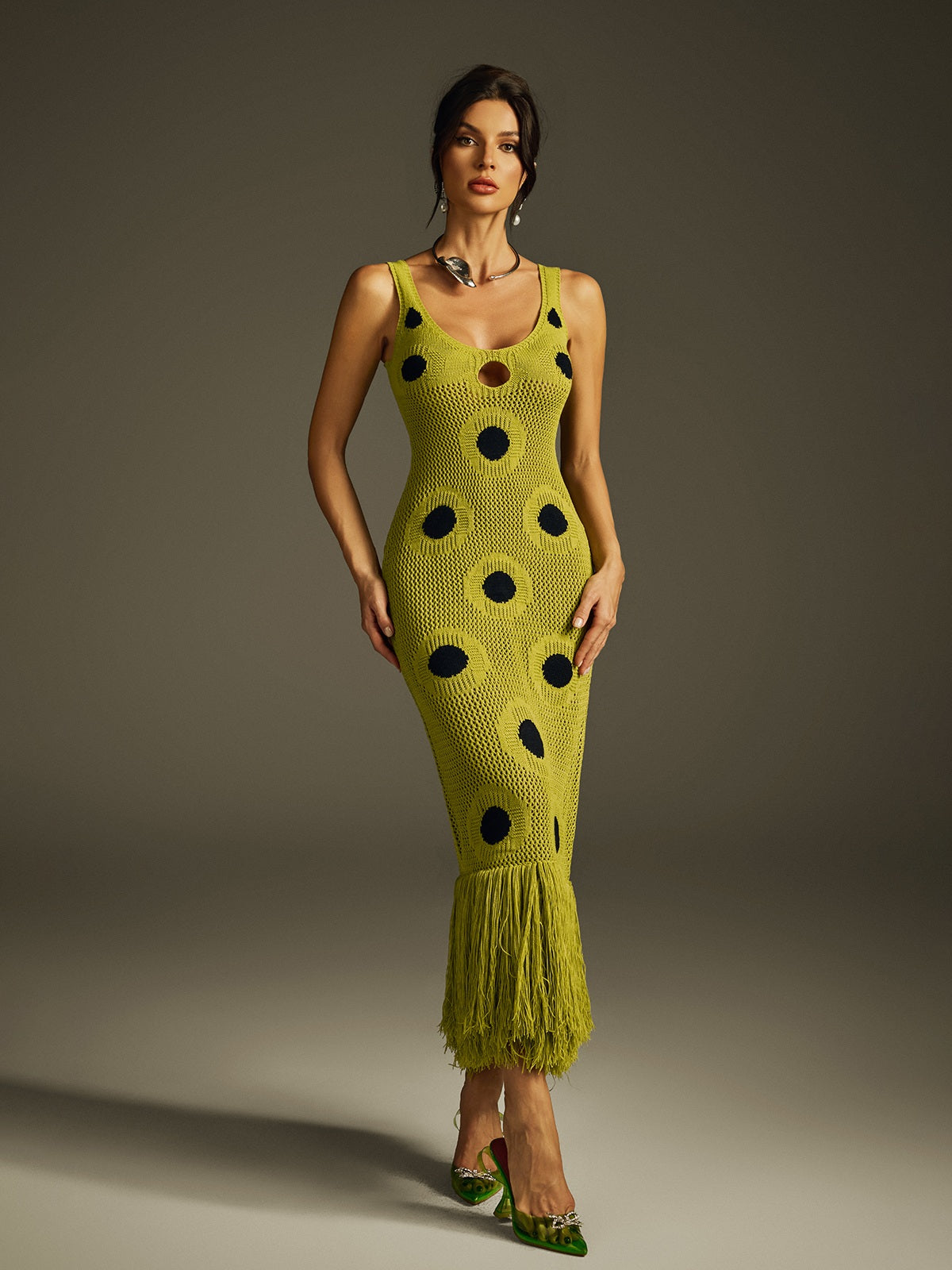 Everly | Polka Dot Fringe Knitted Midi Dress