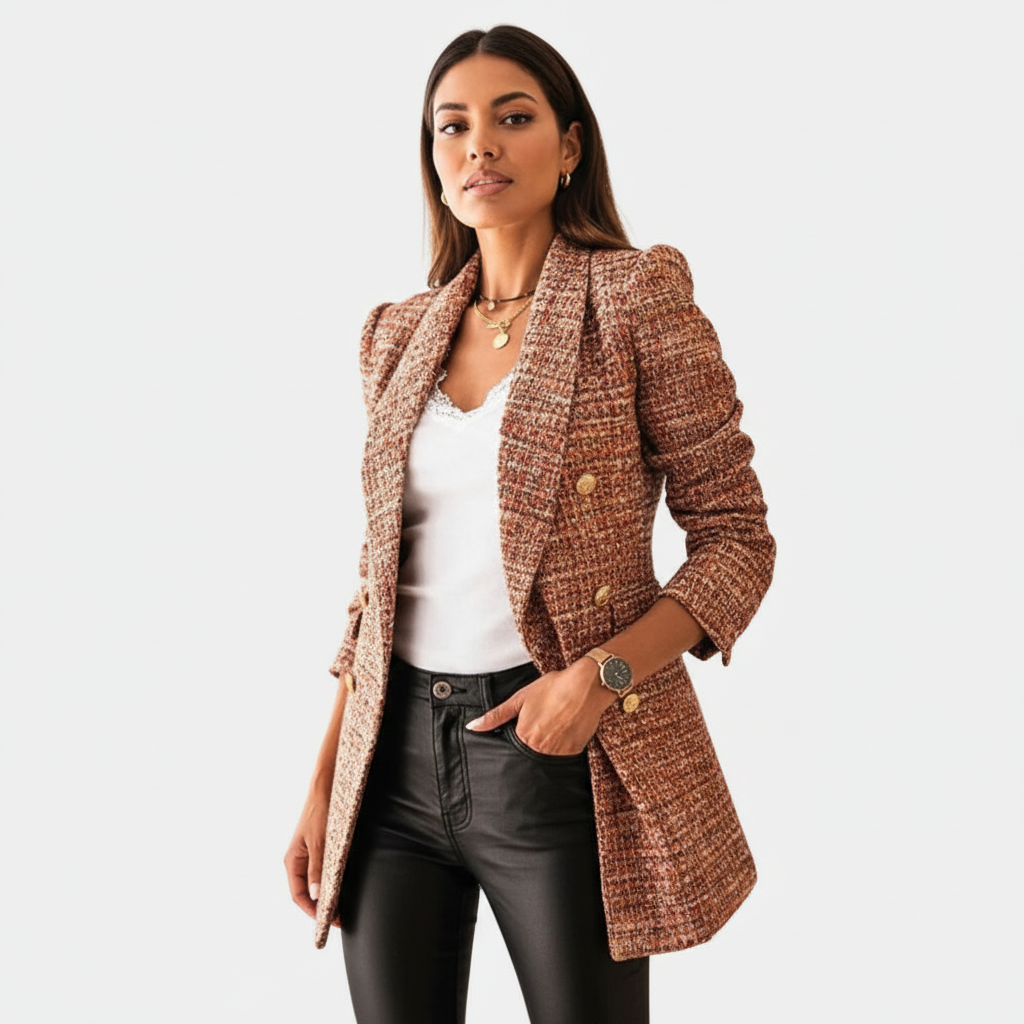 Faye | Long Checked Gold Button Blazer