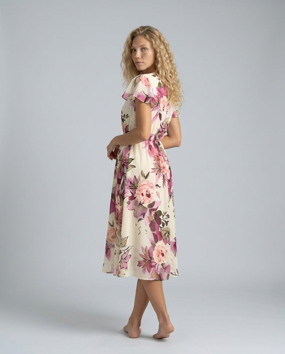 Blossom | Floral Midi with Lace-Up Deep V Neck