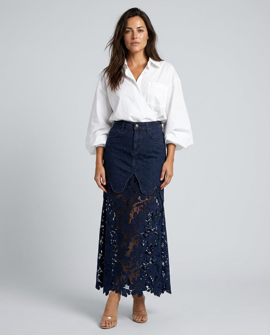 Malena | High Waist Button Front Denim Lace Panel Maxi Skirt