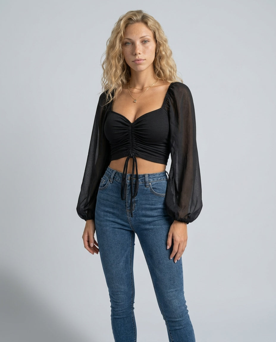 Darya | Sweetheart Ruched Puff Sleeve Cropped Top