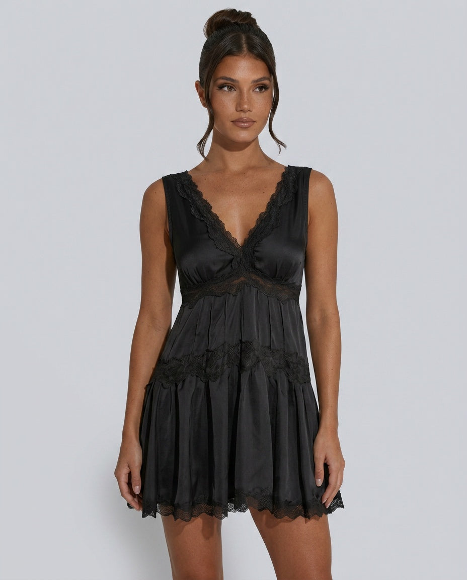 Wren | Deep V-Neck Lace Trim Tiered Mini Dress
