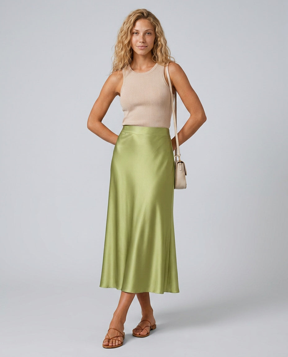 Beatrix | High Waist A-Line Satin-Look Midi Skirt
