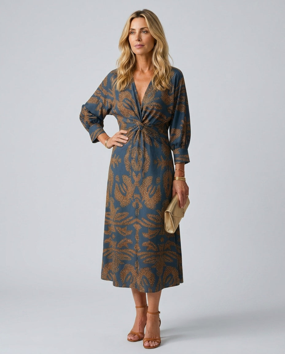 Delphine | Wrap Midi Dress in Natural Print