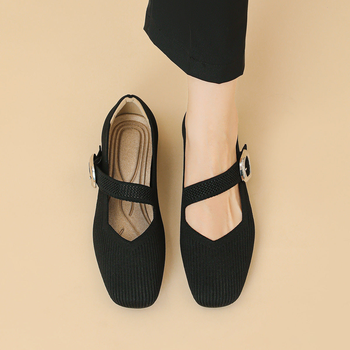 Giselle | Square Toe Knit Mary Jane Flats