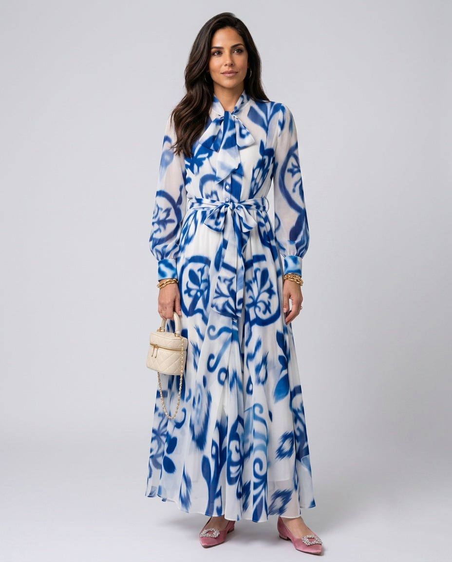 Women's Floral Long Sleeve Belted Maxi Dress
