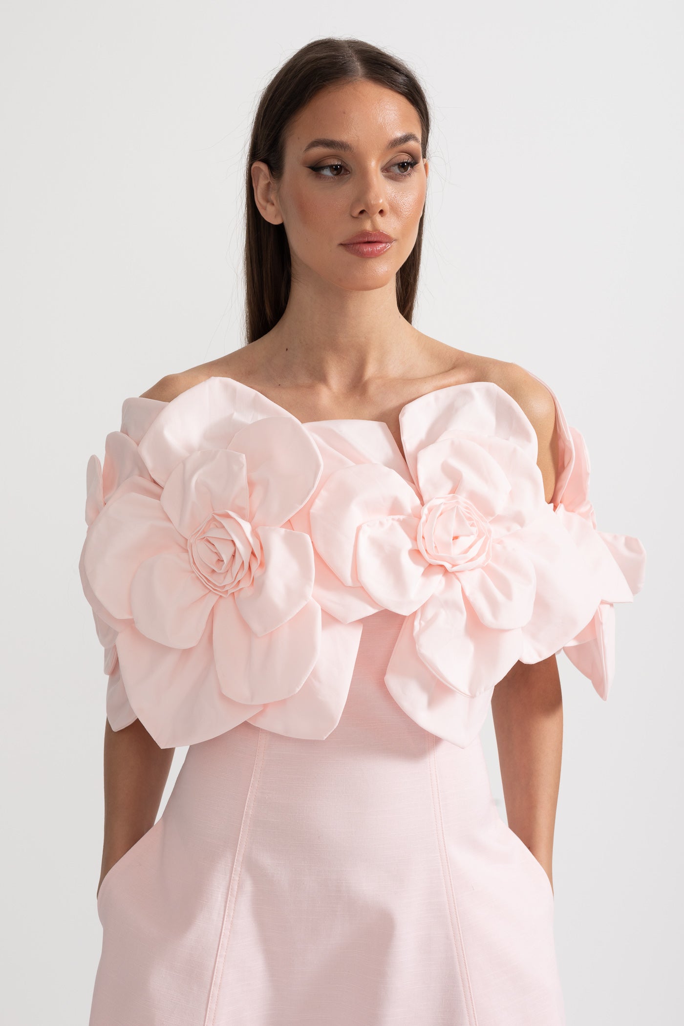 Faye | Off-Shoulder 3D Floral Appliqué Midi Dress