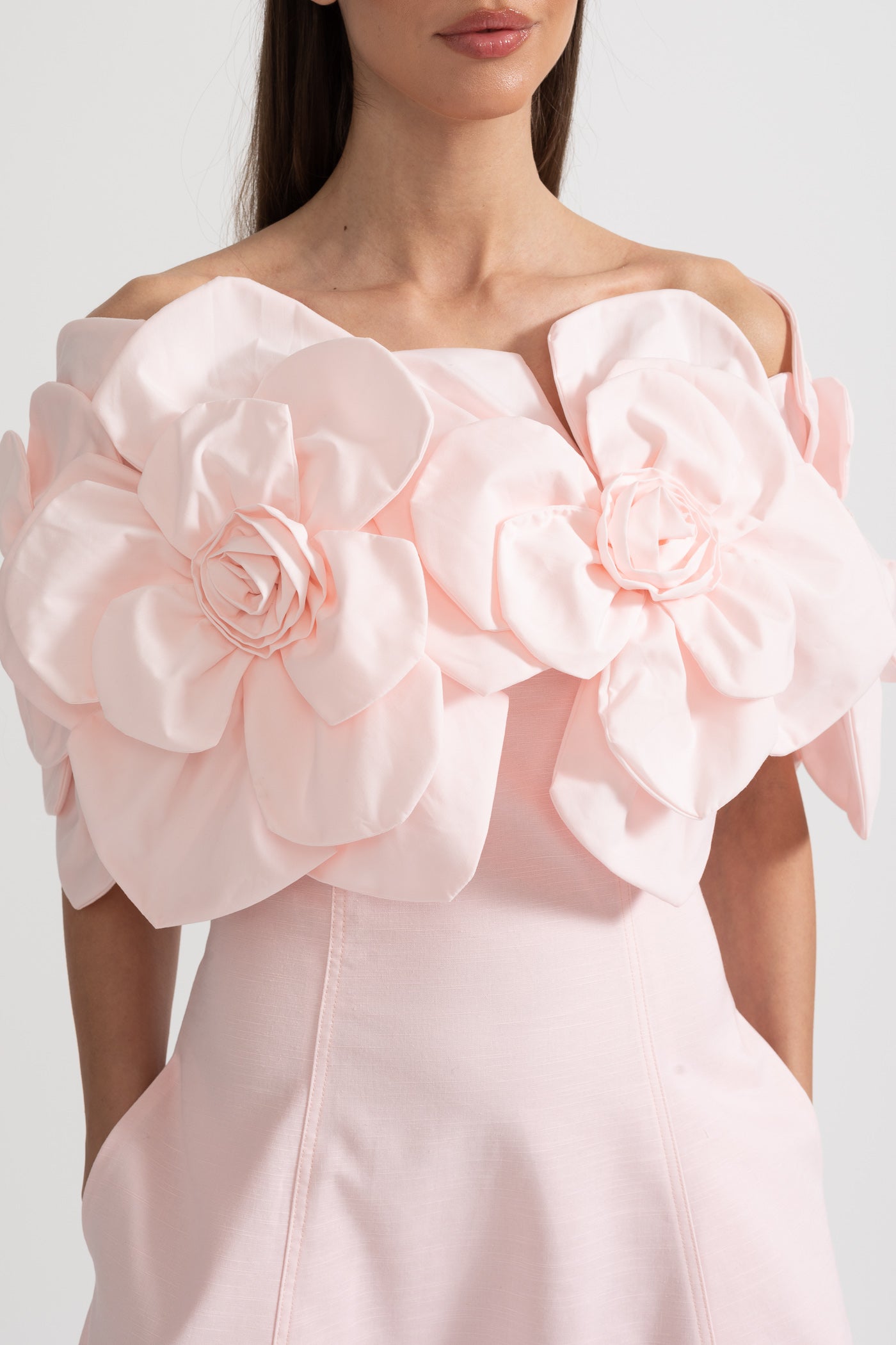 Faye | Off-Shoulder 3D Floral Appliqué Midi Dress