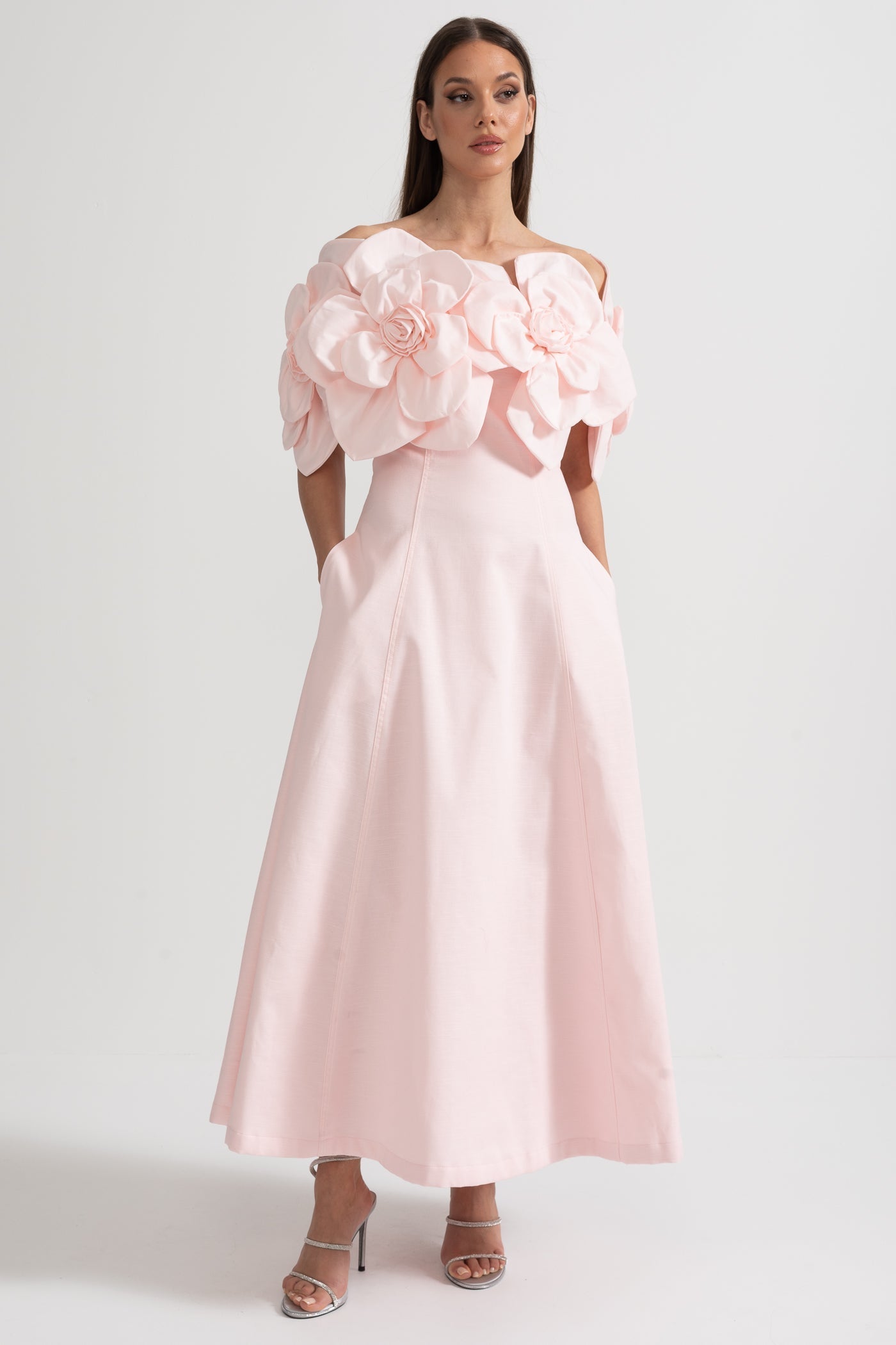 Faye | Off-Shoulder 3D Floral Appliqué Midi Dress