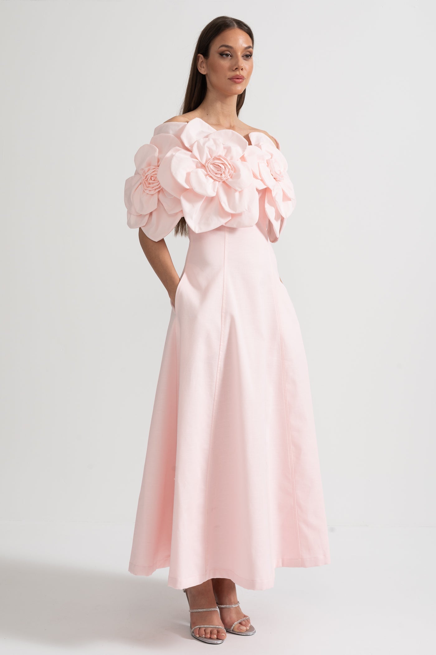 Faye | Off-Shoulder 3D Floral Appliqué Midi Dress