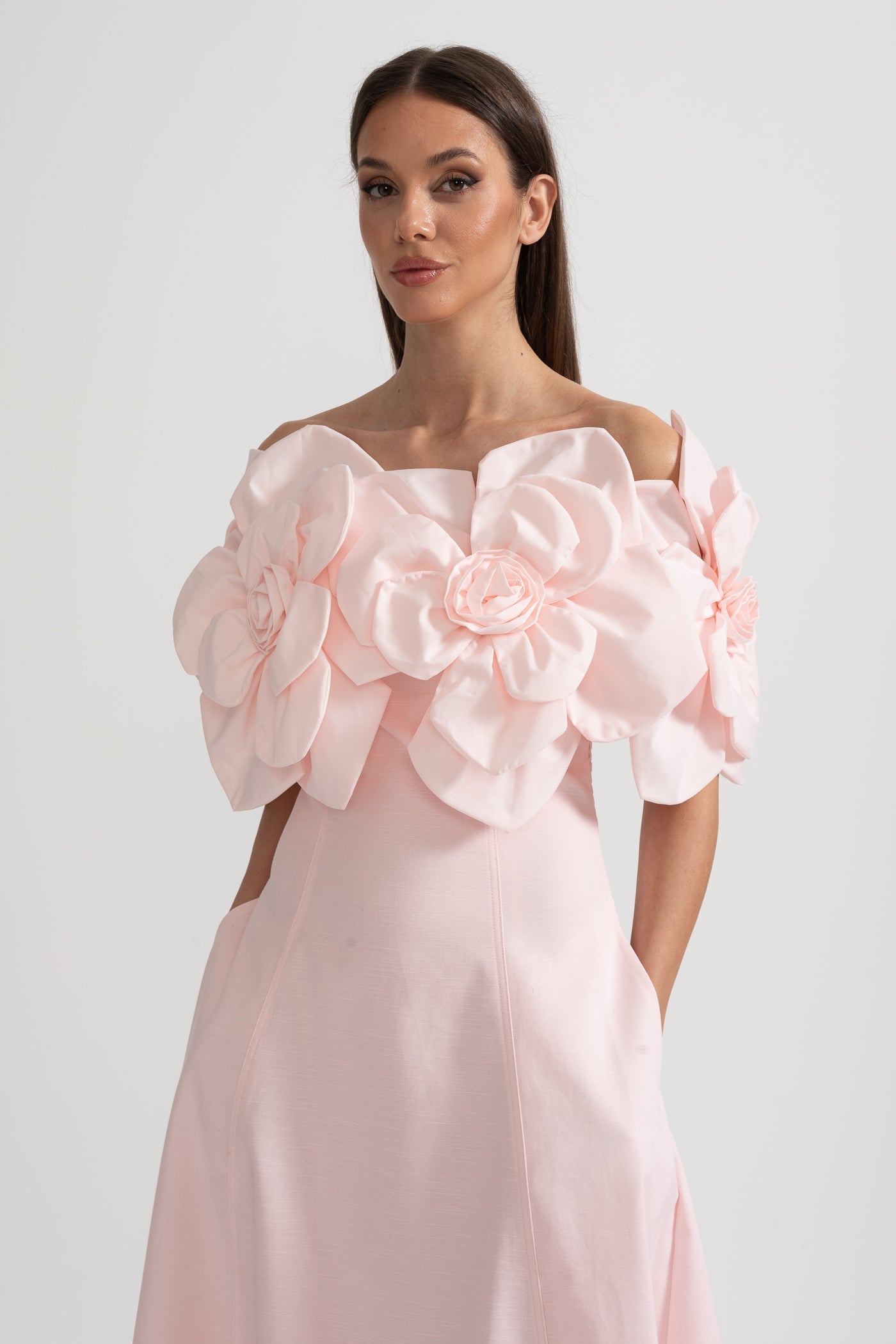 Faye | Off-Shoulder 3D Floral Appliqué Midi Dress
