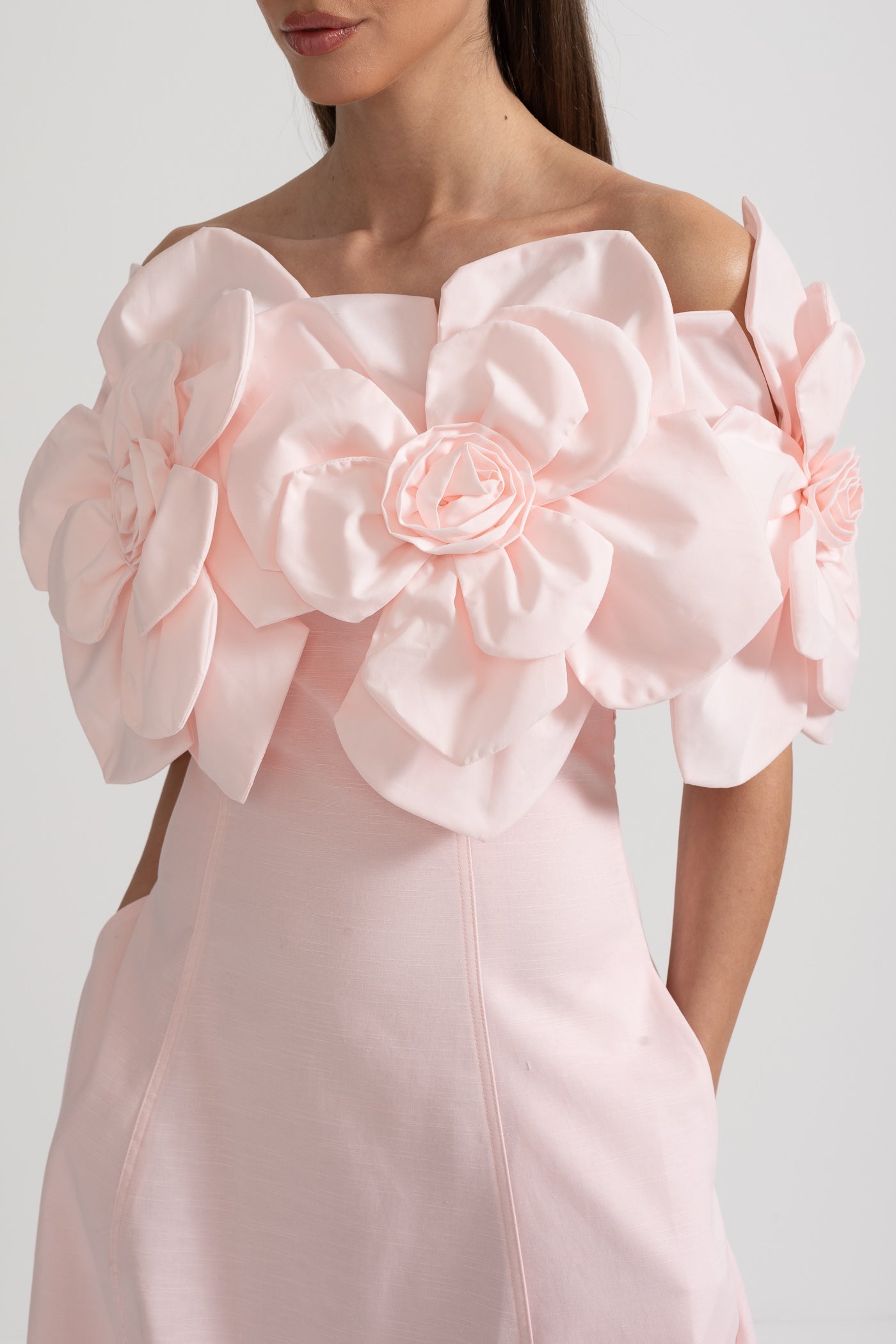 Faye | Off-Shoulder 3D Floral Appliqué Midi Dress