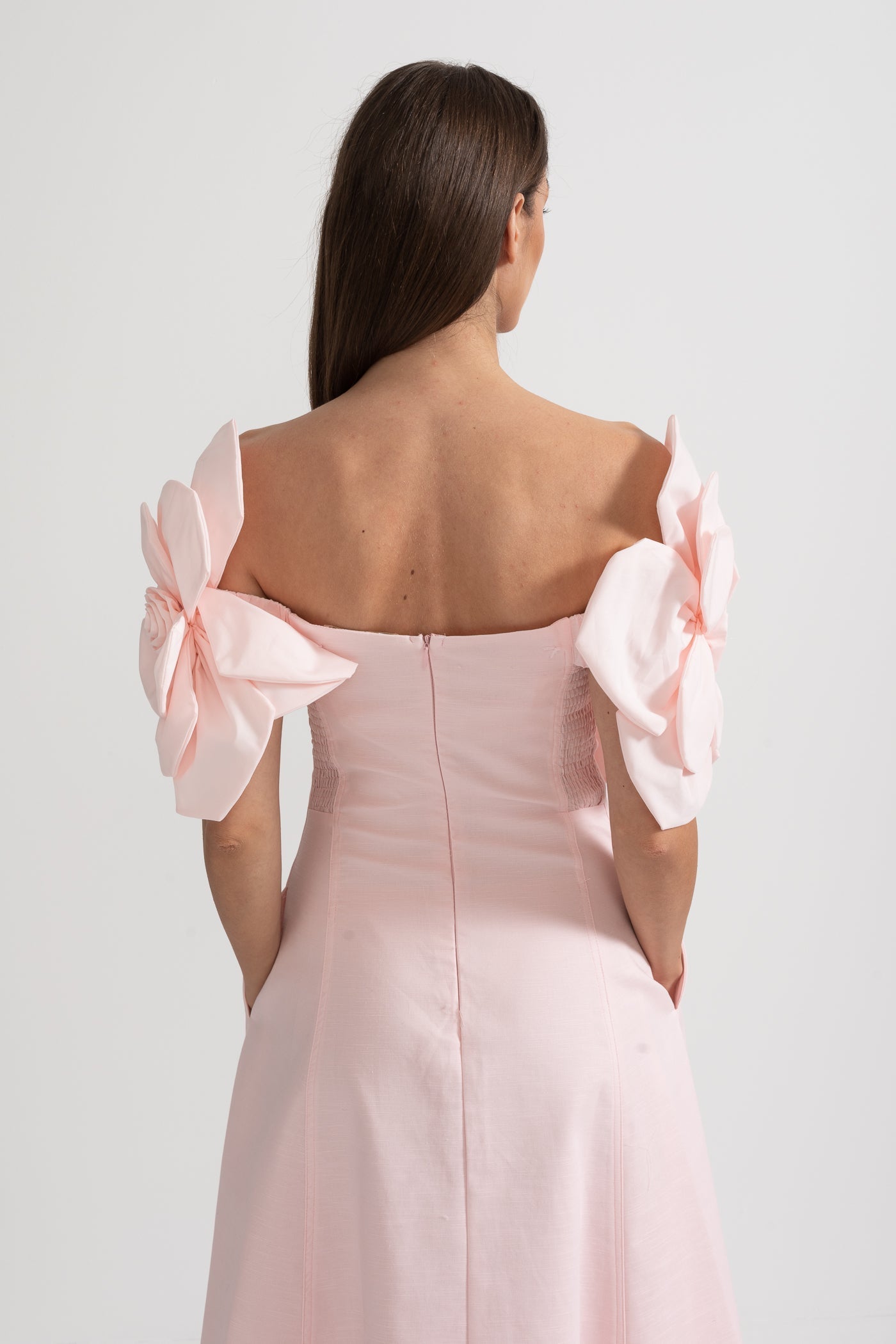 Faye | Off-Shoulder 3D Floral Appliqué Midi Dress
