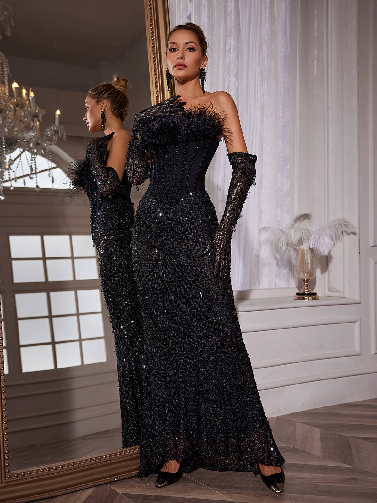 Paola | Corset Feather Sequin Maxi Dress With Gloves