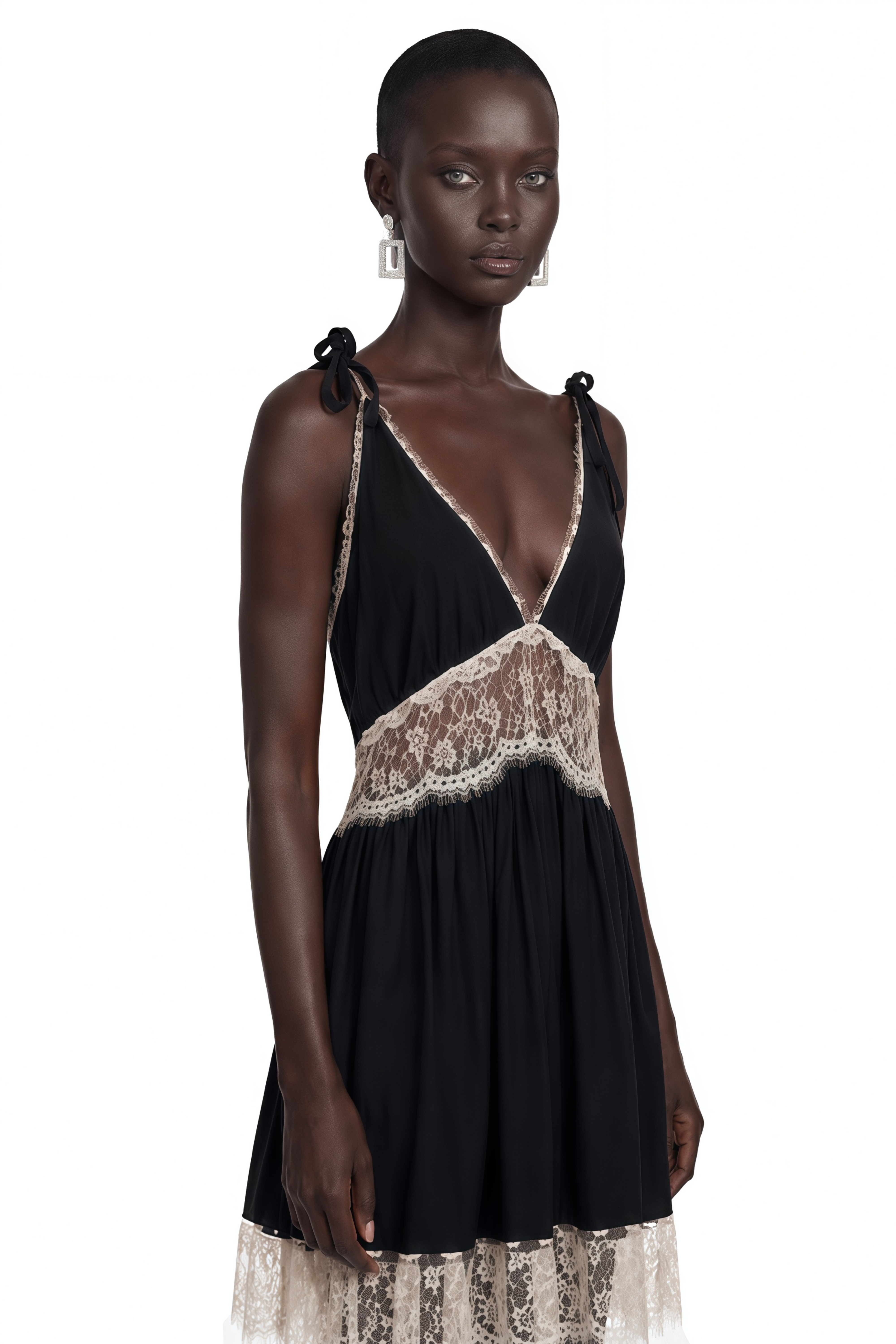 Xenia | Lace Panel Plunge Neck Mini Dress