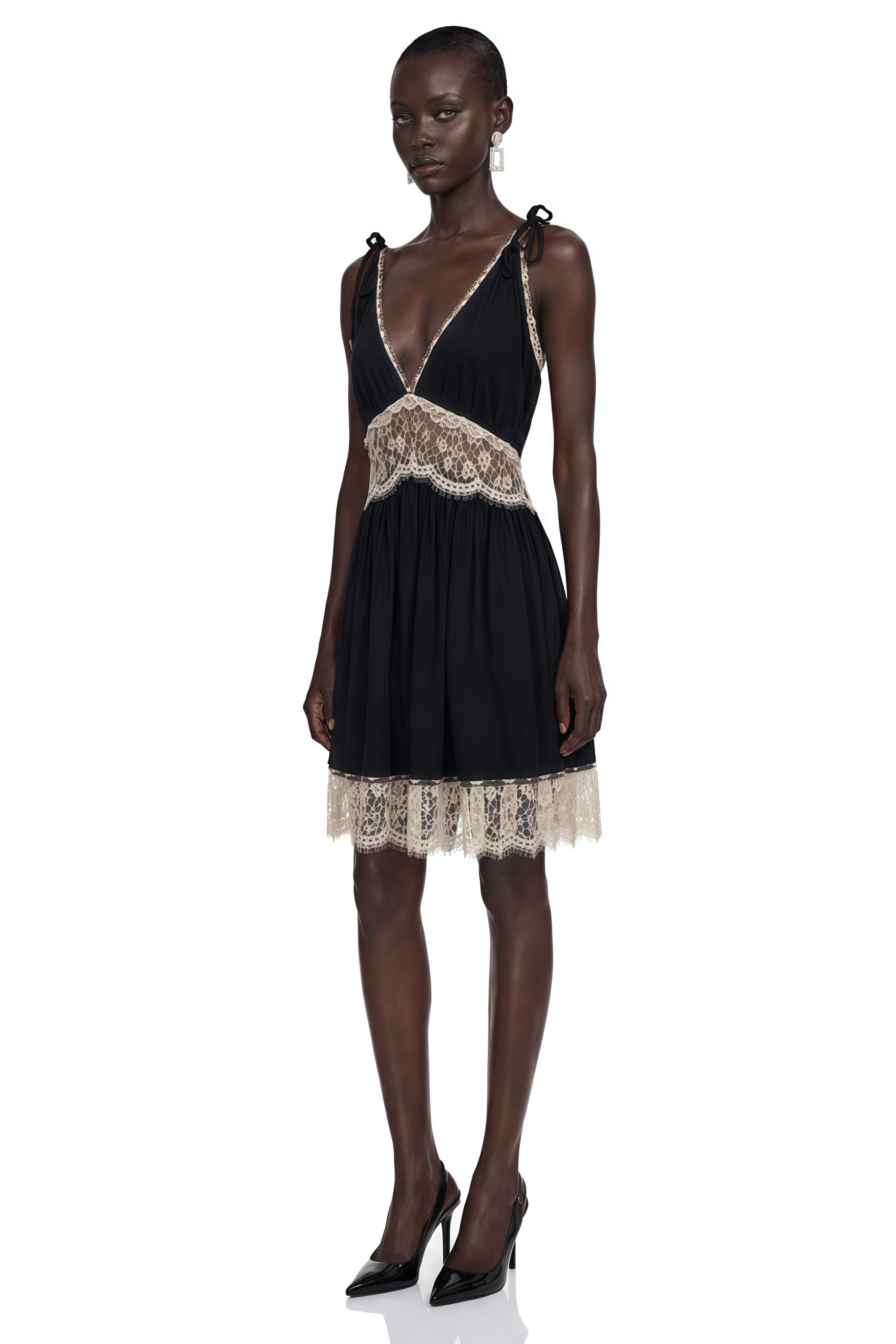 Xenia | Lace Panel Plunge Neck Mini Dress