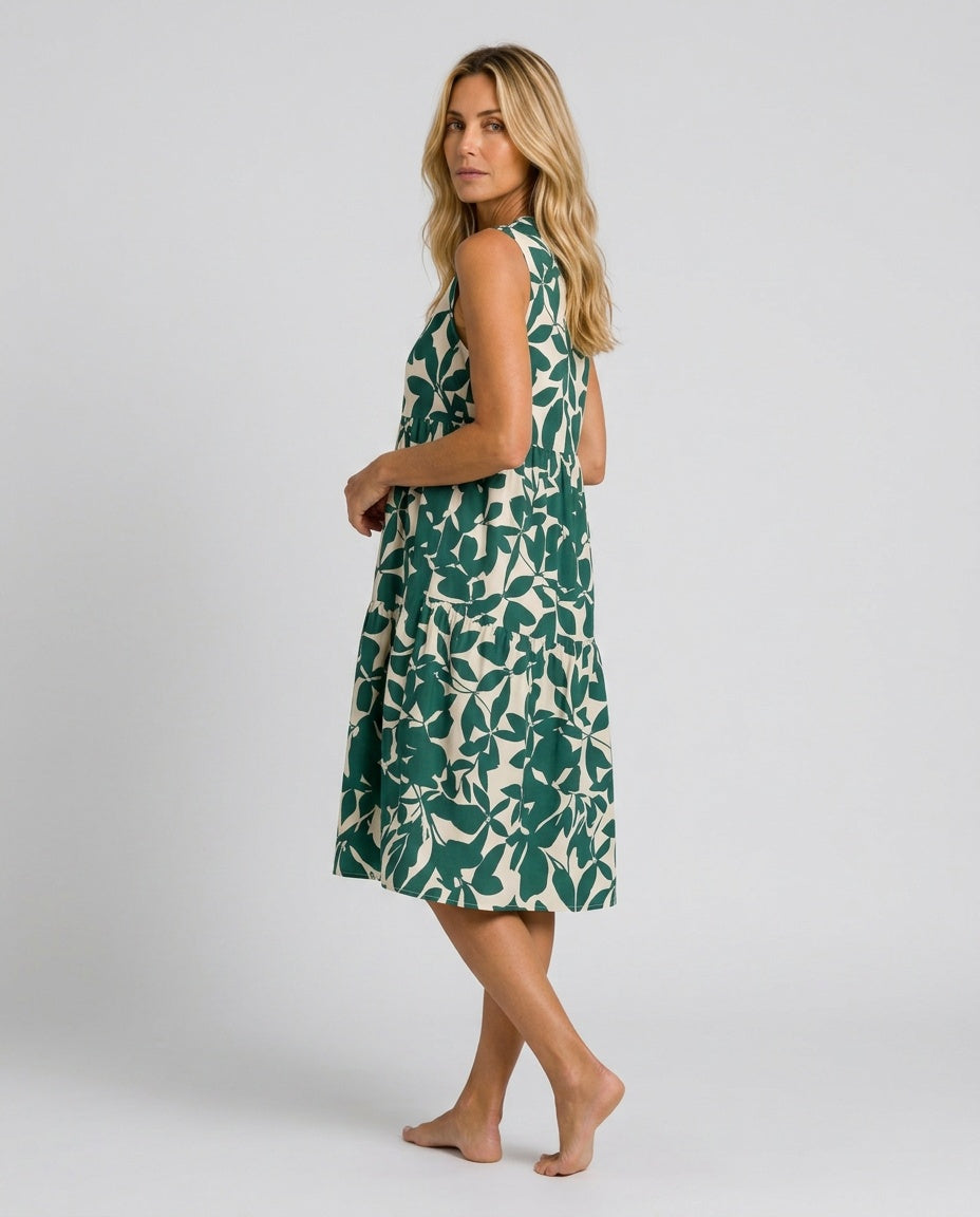 Kennedy | Tiered Leaf Print Sleeveless Midi Dress