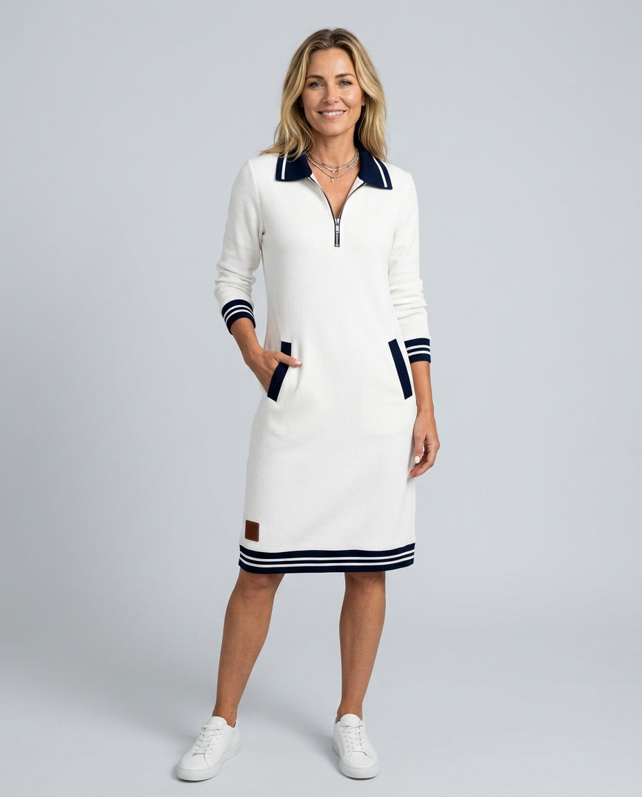Cora | Quarter Zip Striped Trim Polo Midi Dress