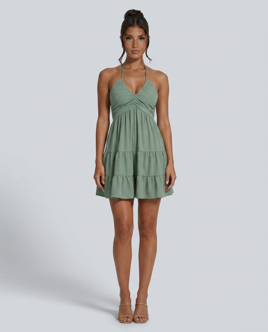 Elodie | Deep V-Neck Layered Halter Mini Dress