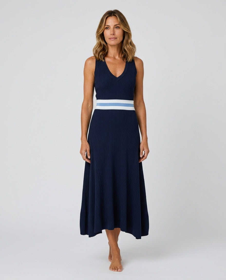 Edith | Striped Waistband Rib Knit Midi Dress