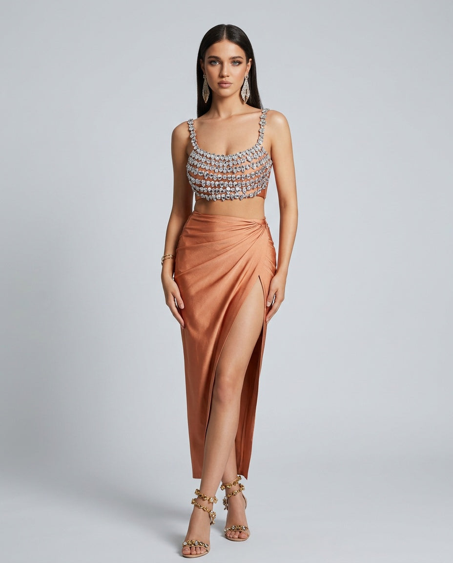 Delphine | Crystal Embellished Spaghetti Strap Skirt Set