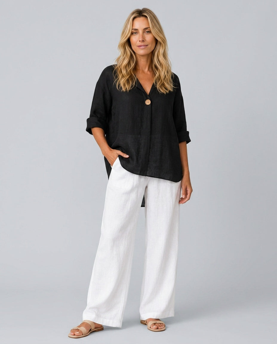 Orla | 3/4 Sleeve Open Collar Linen-Look Blouse
