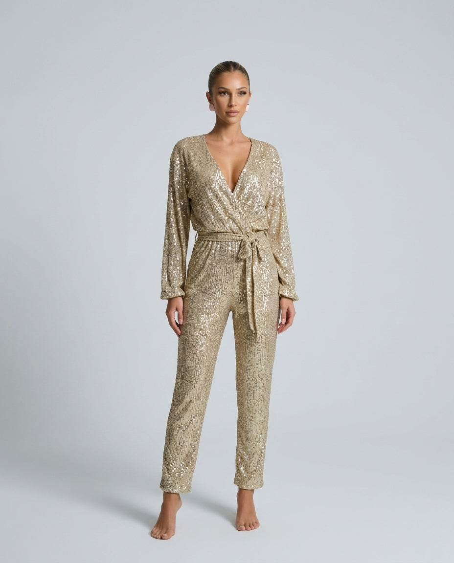 Aubrey | Long Sleeve Sequin Plunge Neck Jumpsuit