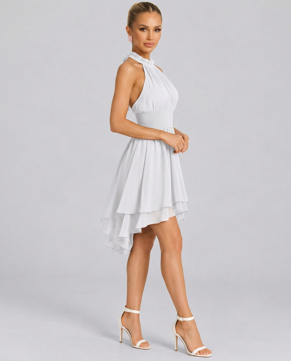 Ann | Halter Neck Mini Dress with Layered Ruffle Skirt