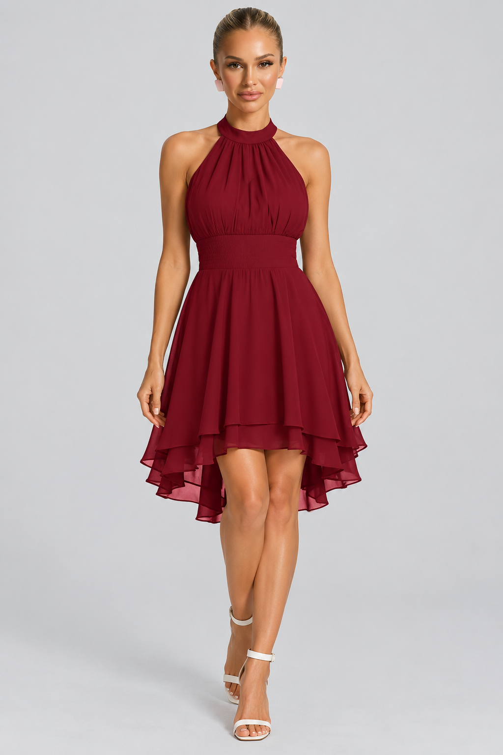 Ann | Halter Neck Mini Dress with Layered Ruffle Skirt