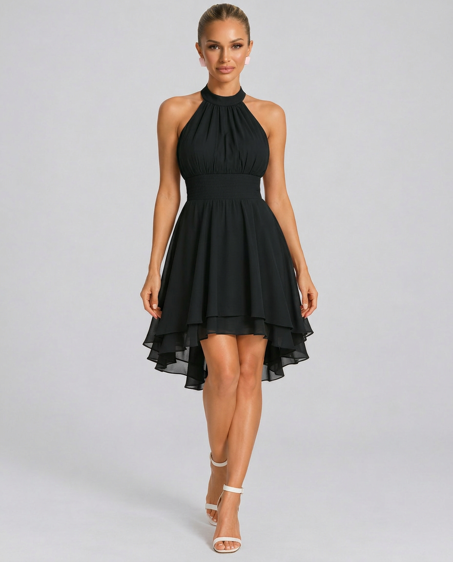 Ann | Halter Neck Mini Dress with Layered Ruffle Skirt