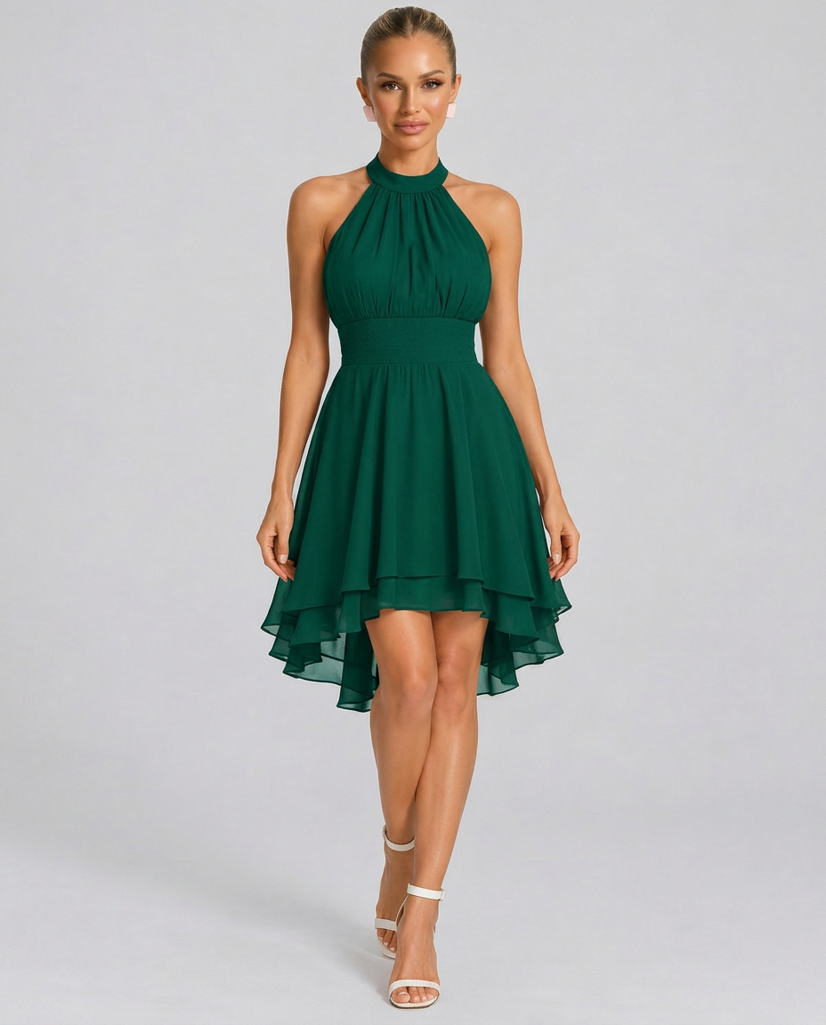Ann | Halter Neck Mini Dress with Layered Ruffle Skirt