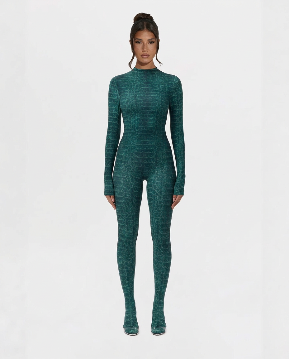 Alexis | Snake Print Bodysuit with Long Sleeves and Integrated Footed Legs