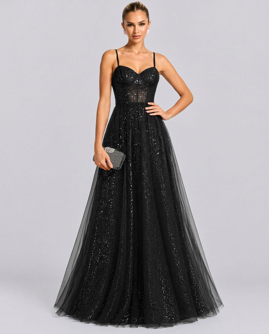 Karla | Sequin Maxi Prom Dress with Spaghetti Straps