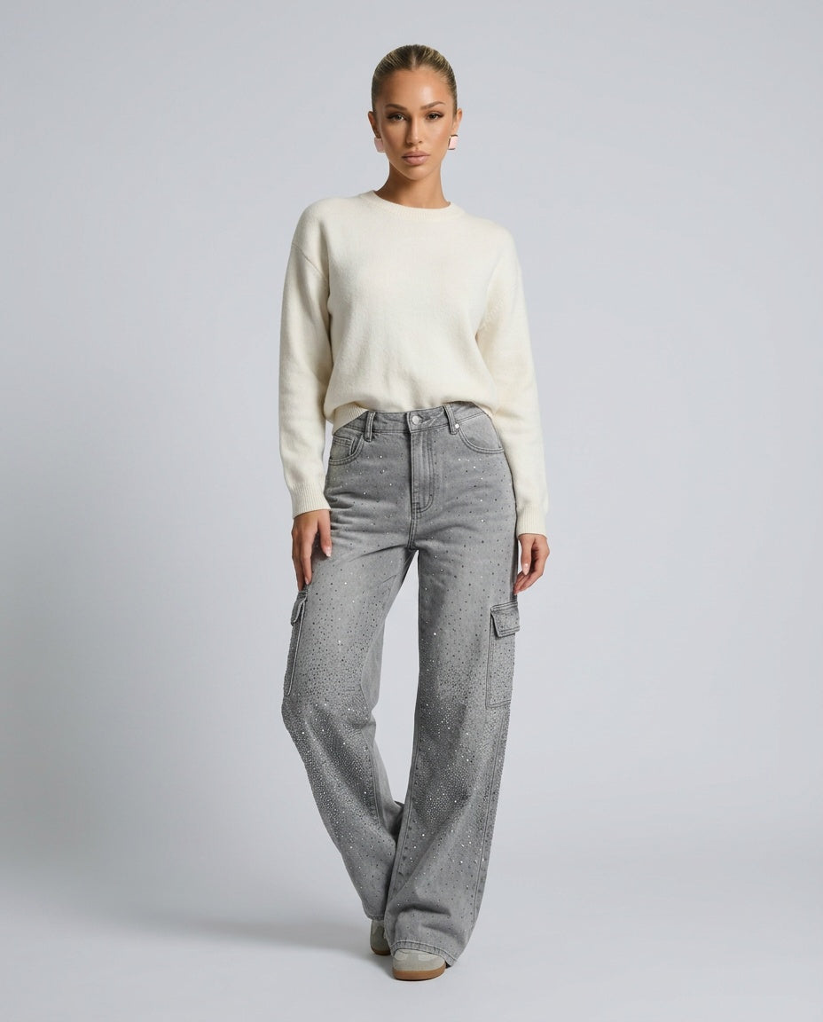 Dazzle | Rhinestone Wide-Leg Denim Trousers