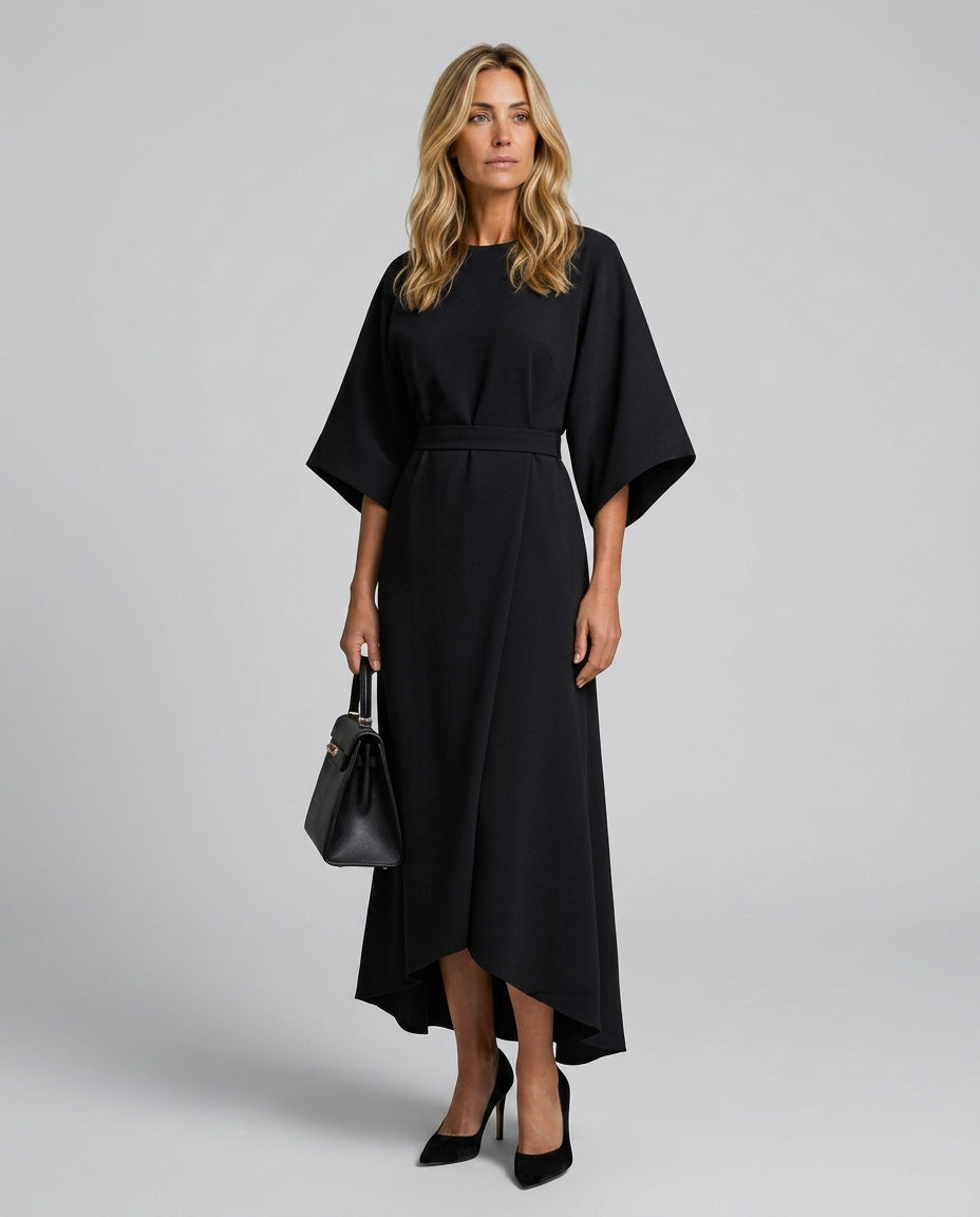 Daniela | Waist-Defined Cape Sleeve Asymmetric Midi Dress