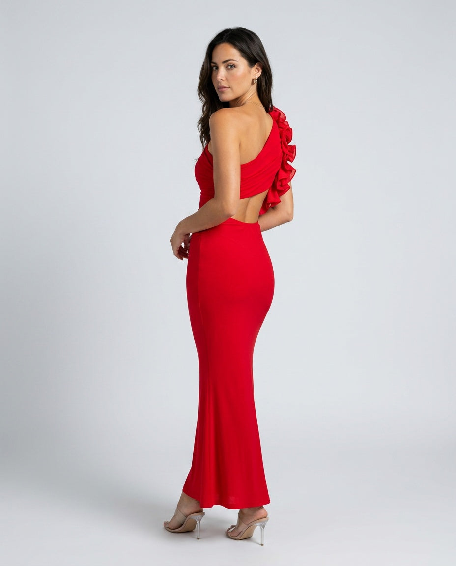 Peyton | One-Shoulder Cascading Ruffle Maxi Dress