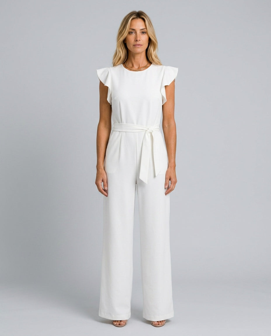 Cora | Ruffle Sleeve Tie Belt Straight Leg Jumpsuit
