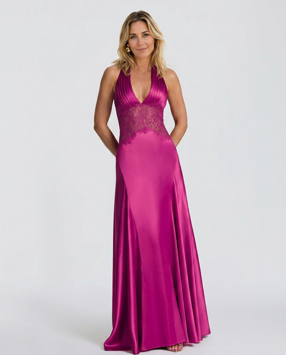 Quinn | Satin Splicing Lace Halter Pleated Maxi Dress