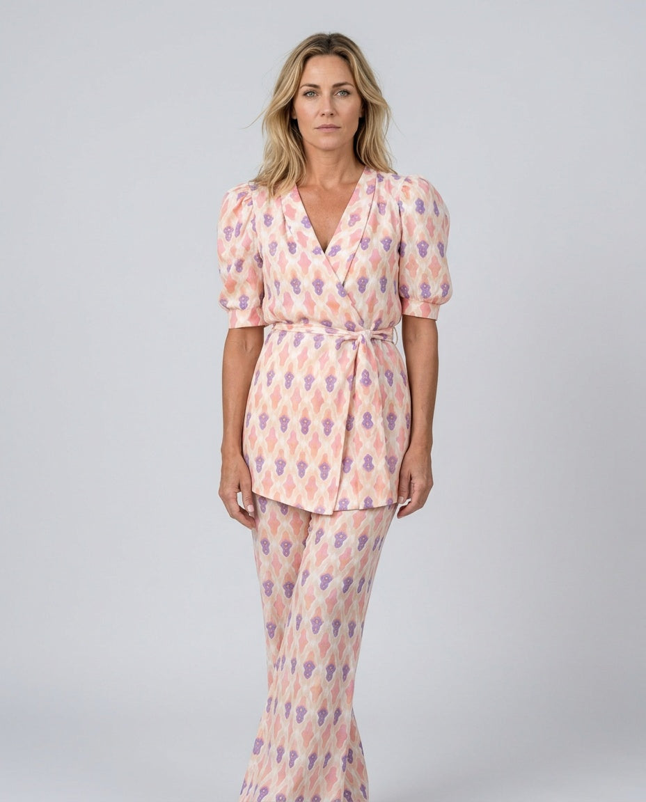 Saskia | Printed Wrap Blouse & Flared Trousers Set