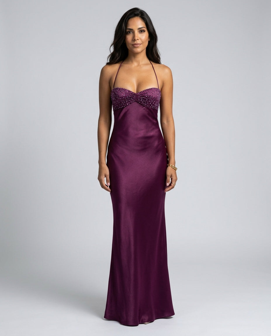 Ines | Lace-Trim Halter Neck Maxi Dress