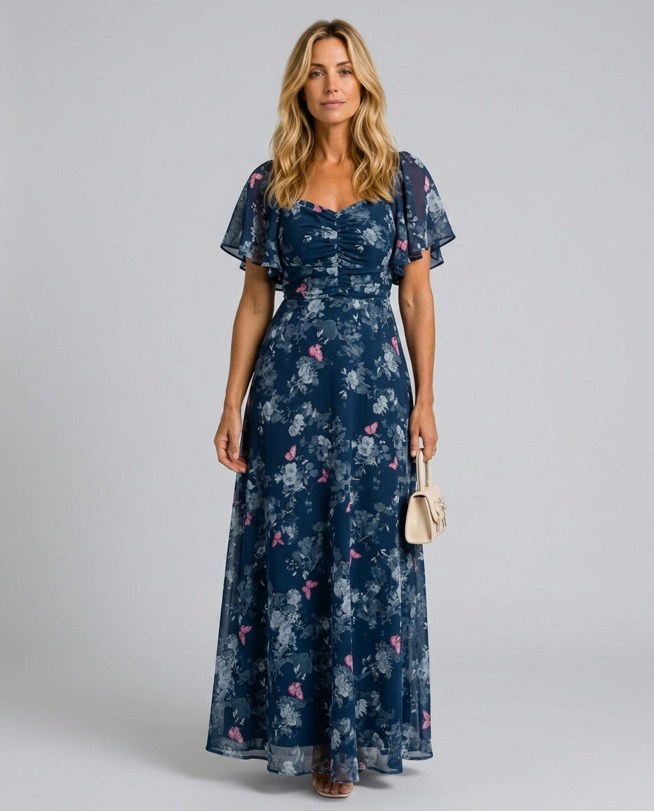 Una | Floral Flutter Sleeve A-Line Maxi Dress