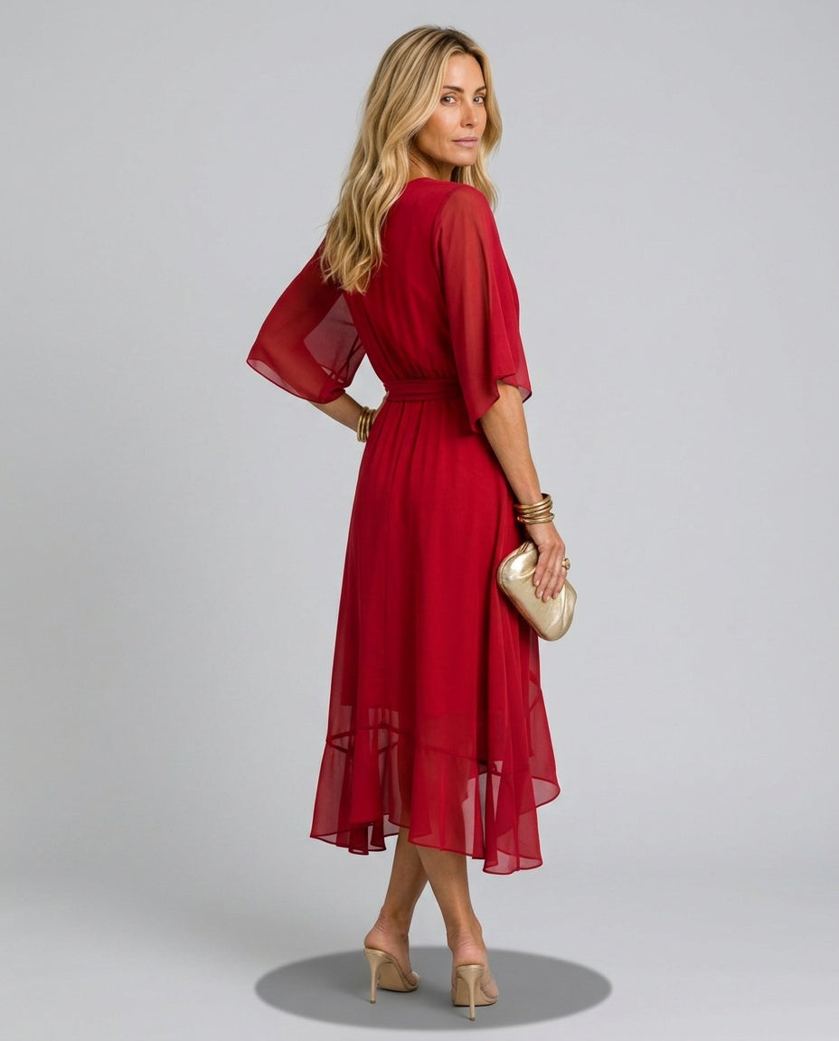 Delphine | V-Neck Draped Waist Tie Midi Dress