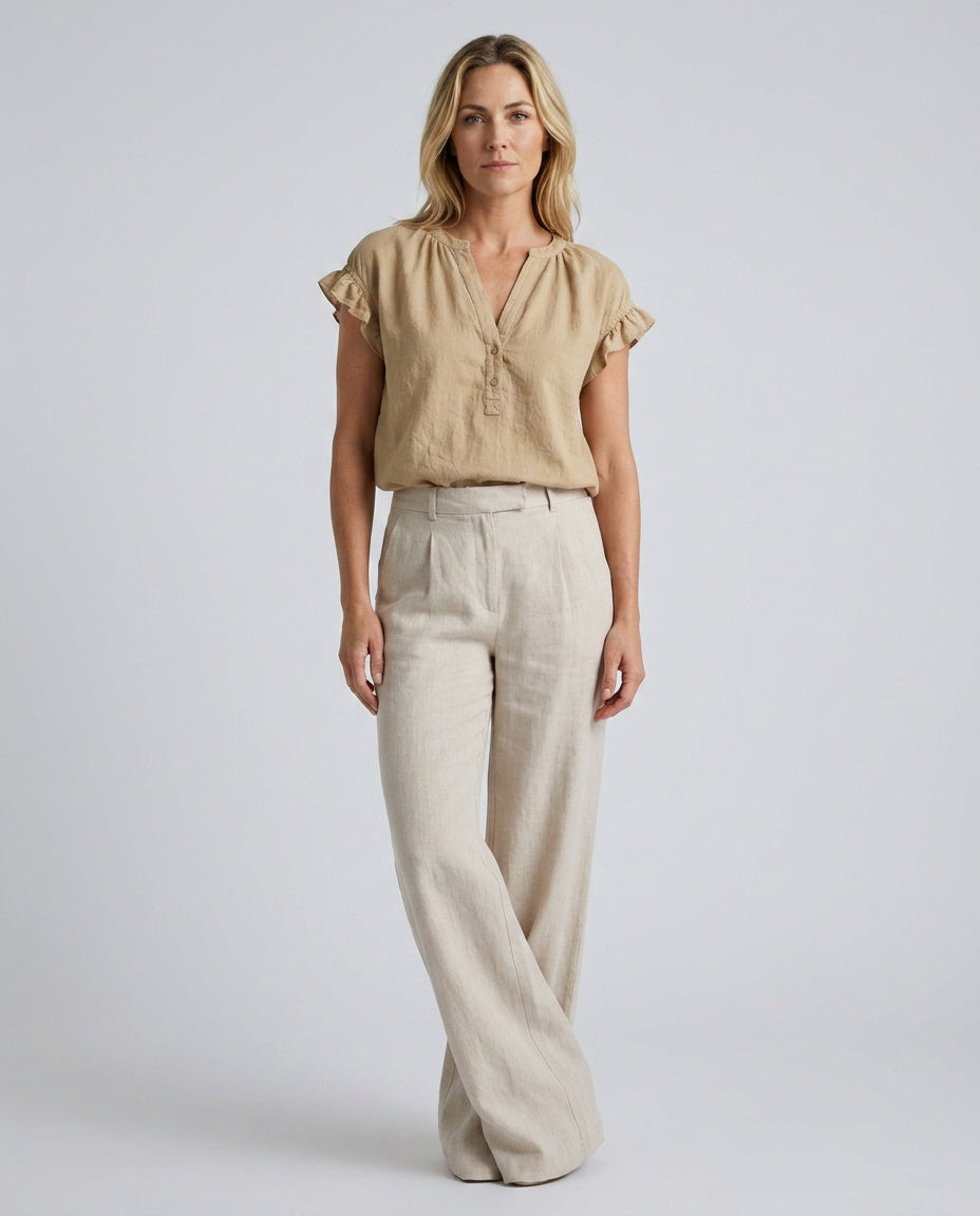 Ines | V-Neck Flared Sleeve Linen-Blend Blouse