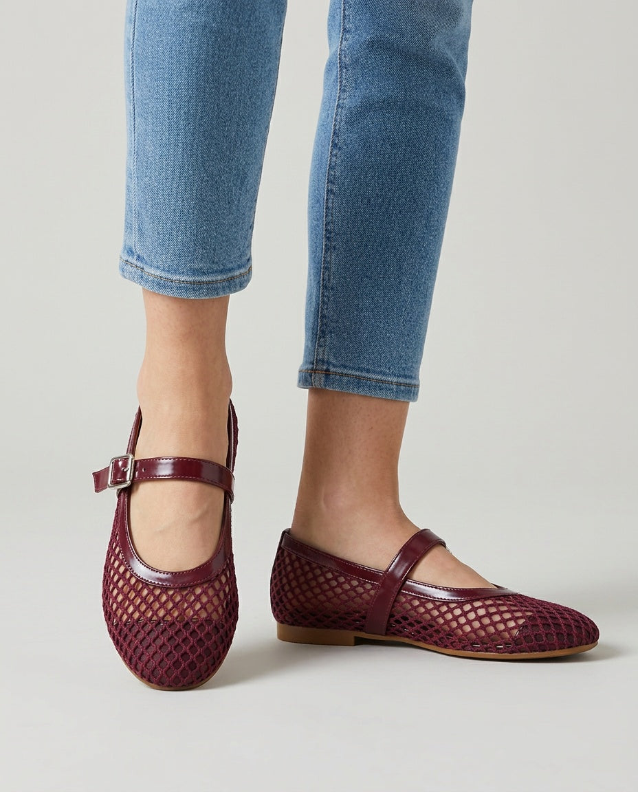 Renata | Round Toe Buckle Strap Mesh Ballet Flats