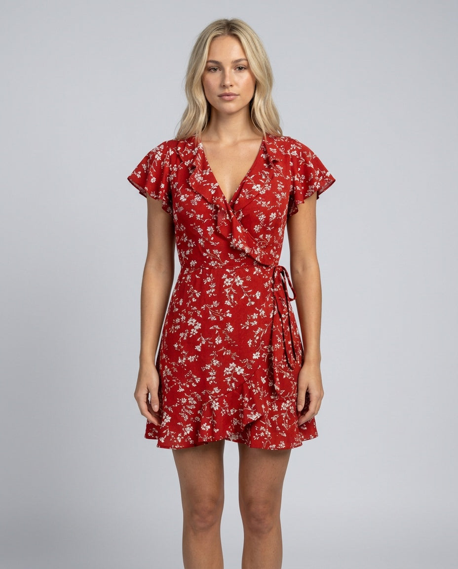 Romy | V-Neck Tropical Print Ruffle Mini Dress