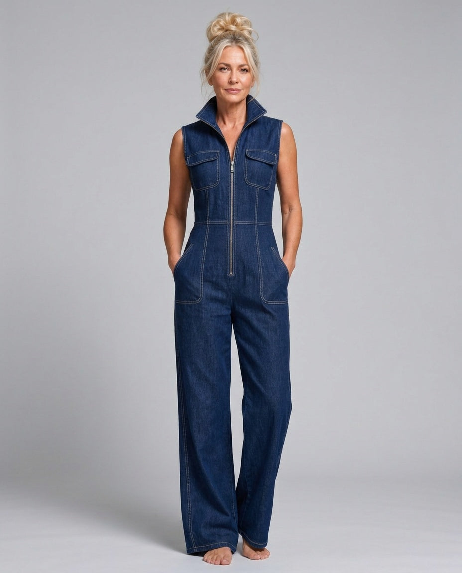 Cleona | Sleeveless Zip Front Wide Leg Denim Jumpsuit
