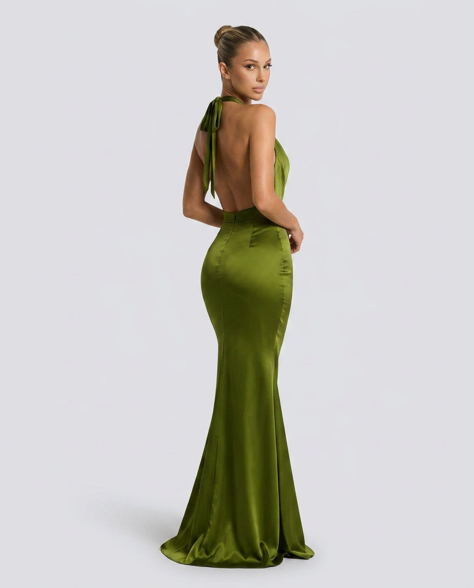 Adriana | Plunge Halterneck Satin-Look Mermaid Maxi Dress