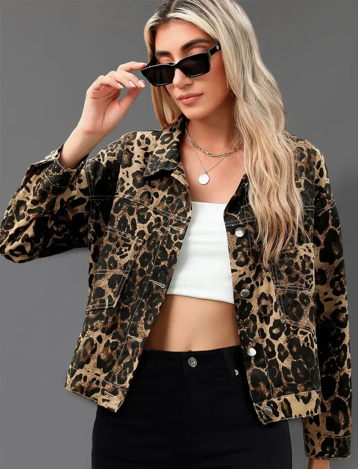 Hadley | Leopard Print Denim-Look Long Sleeve Jacket