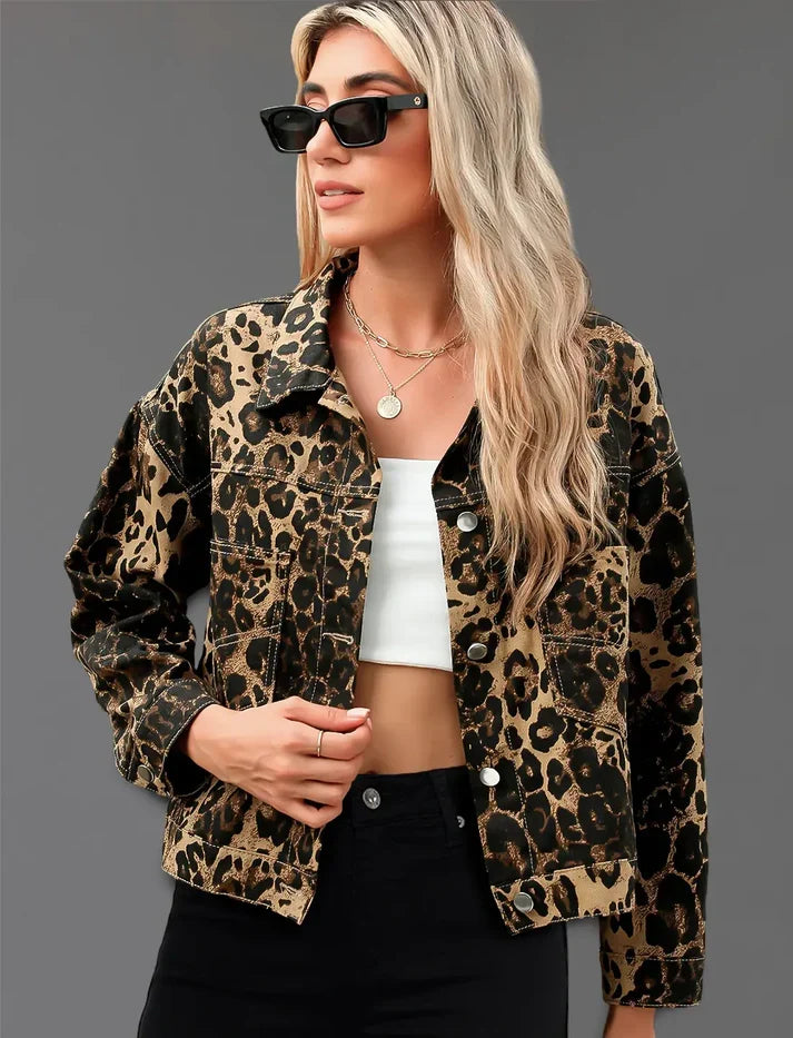 Hadley | Leopard Print Denim-Look Long Sleeve Jacket